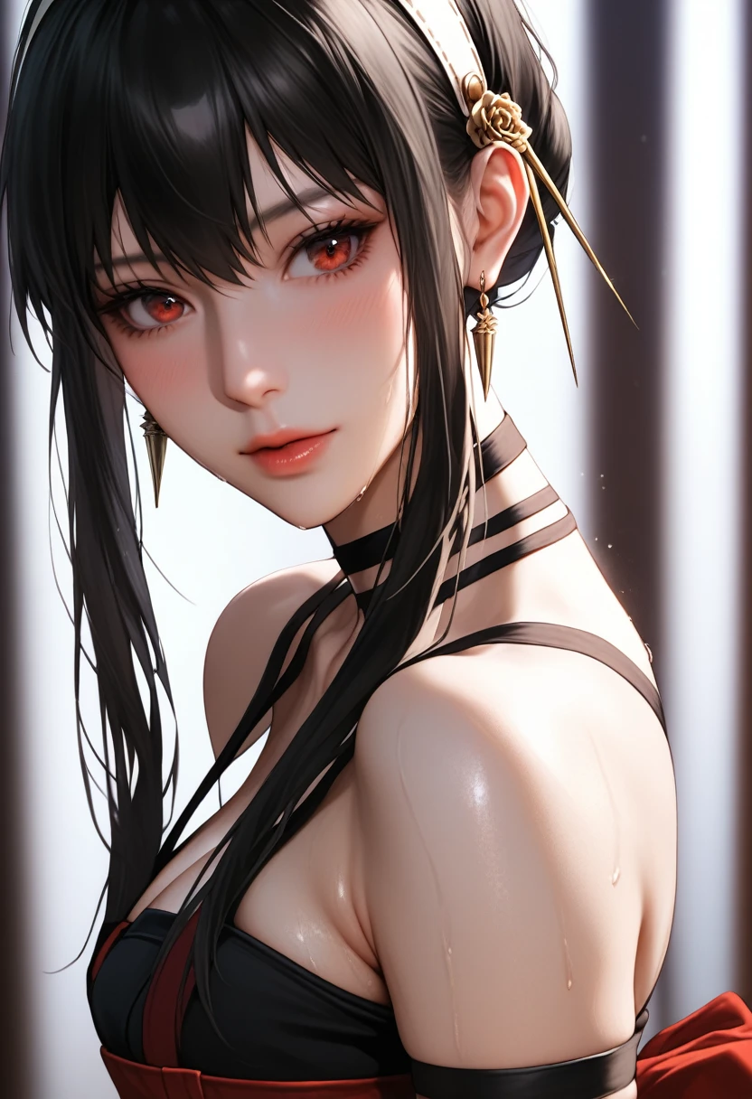 Close-up details, realistic style photo young woman, black hair, long hair, outstanding style, tall, cute, in her s. Use soft lighting to cast gentle shadows on the subject, adding a touch of dimension to your images without compromising details, score_9, score_8_up, score_7_up, yor briar, black hair, sidelock, white hairband, red eyes, (bare shoulders, japanese clothes, sleeveless, choker, sash, armband, ninja:1.3), sweat, wishful, in heat
