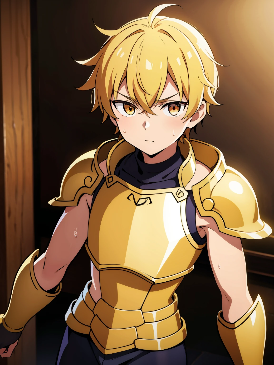 Highres, Masterpiece, Best quality at best,Best Quality,hight quality, hight detailed, Anime style, 1boy, Shota, young boy, Gold armor, Sleeveless armor, body , Bare shoulder, Seen from the front, look at viewer,Simple beckground, (very young boy), (Very small and short body), s, hansome boy, Uhd, bokeh, sweat