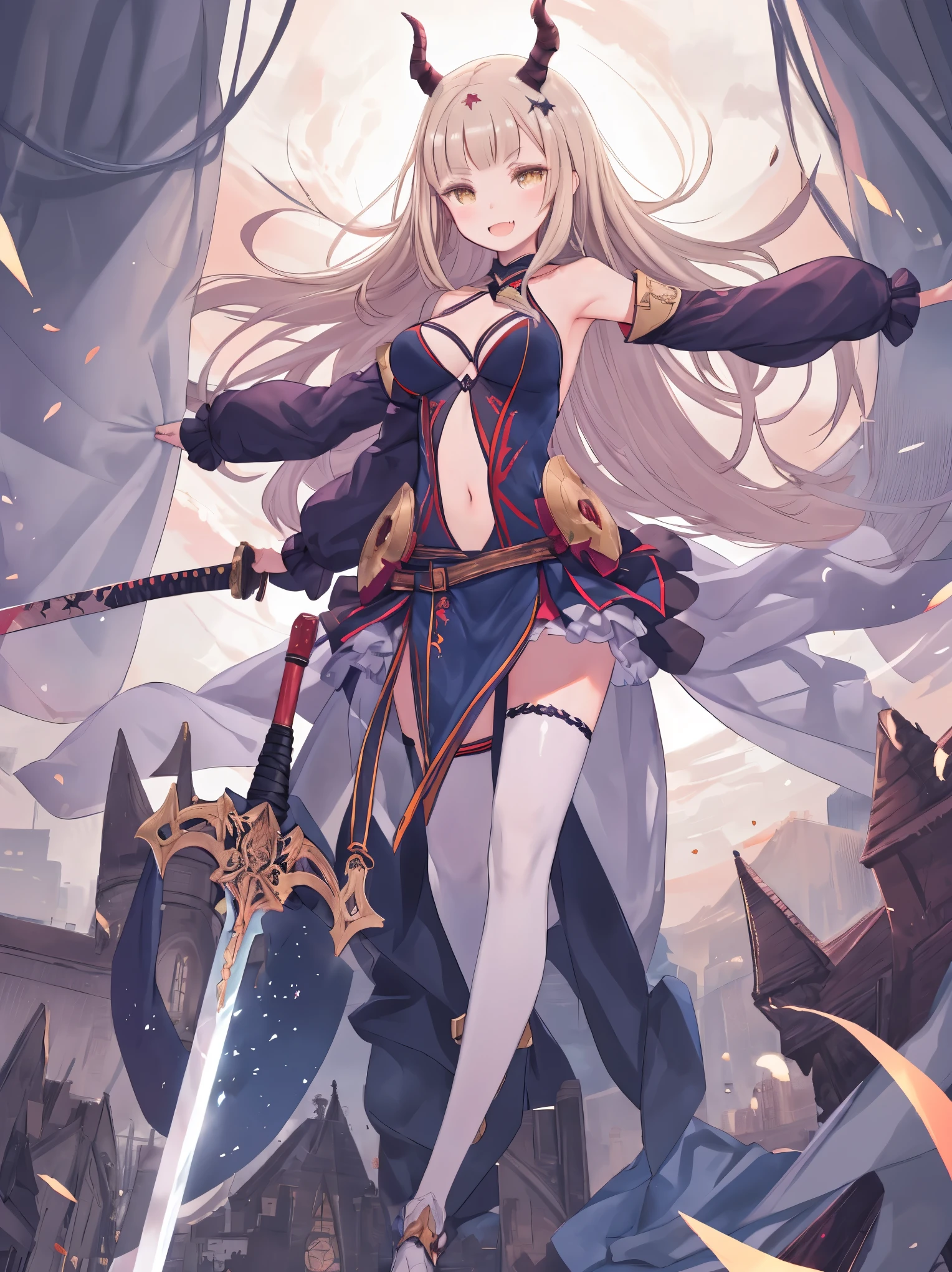 fantasy, 1devil_girl, low_teen, platina_blond_hair,long_bangs,, bare_shoulder, navel out, thighhighs,silver_armor, red_clothes,waist_armor, Glebe, hold_swords, large_breasts, dynamic_flying_pose,Floating,(pelvic_curtain:1.3), silver_Headgear ,looking_down_at_sunrise_city_sky_background,,slightly_spread_legs, some_swords,some_swords_floating_around_the_girl,solo,horn ,smile,,open_legs,open_arms,rise_knee,rise_leg,rise_thigh,rise_leg,forward_leaning_posture,apart_legs,fang,Shiny_gold_eyes,crotch