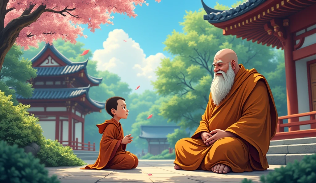 Young monk student sitting and talking with old fat master monk, temples, surrounded by beautiful trees, in anime style, 