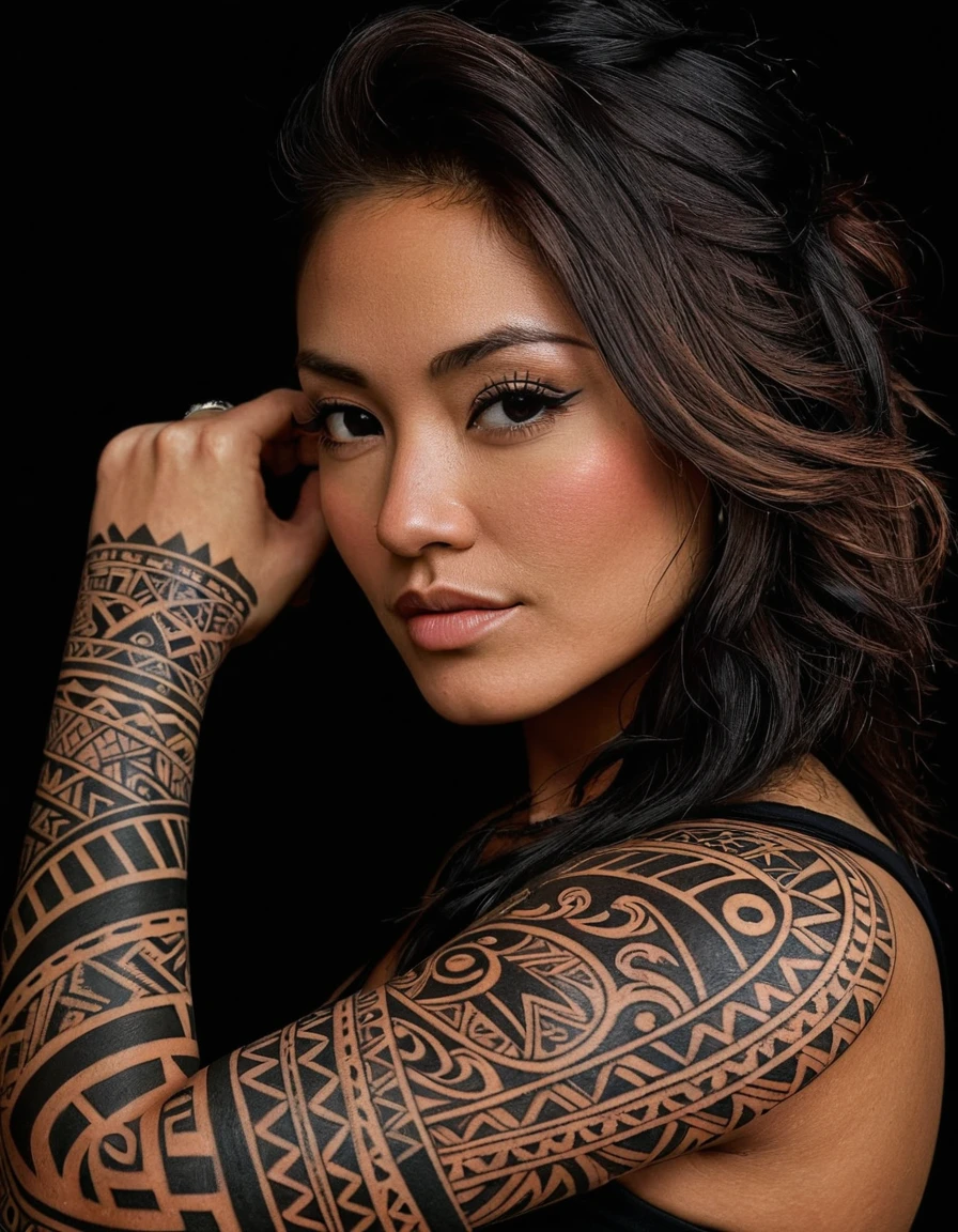 a attractive woman with a tattoo on her arm and a black background, tattoo sleeve on her right arm, photograph of a sleeve tattoo, maori, tribal sleeve left arm, tribal tattoos right arm sleeve, tribal tattoo, arm tattoo, detailed woman, tattooed skin, arm tattoos, extremely detailed woman, beautiful detailed body and face, upper body portrait, tattoos all over the skin.