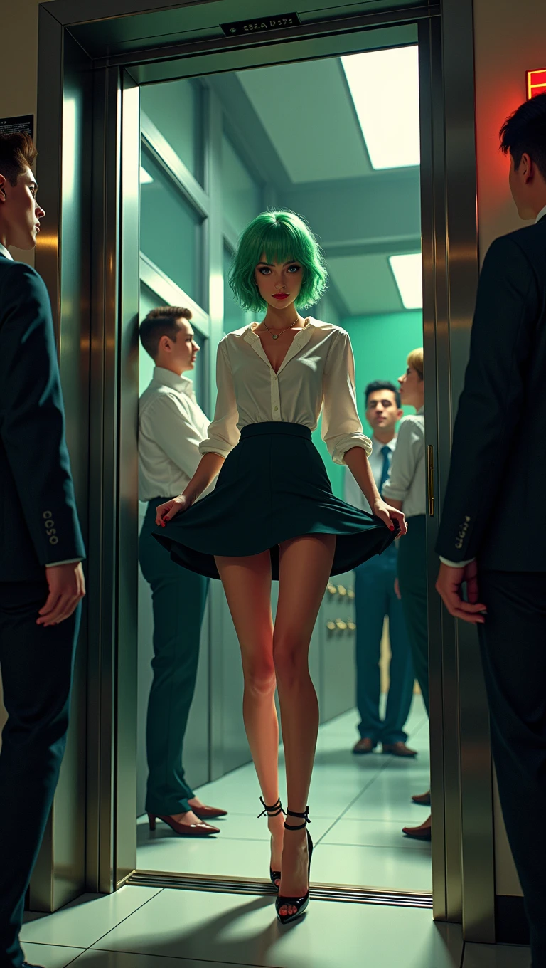a beautiful girl, 1girl, short green hair, slim figure, hot,sexy office outfit, micro skirt, high heels, photo-realistic, 4k, hyperrealistic, highly detailed, intricate details, dramatic lighting, cinematic, american comic book style, vibrant colors, dynamic pose, exit elevator, 3 co-workers, opens blouse, raised skirt