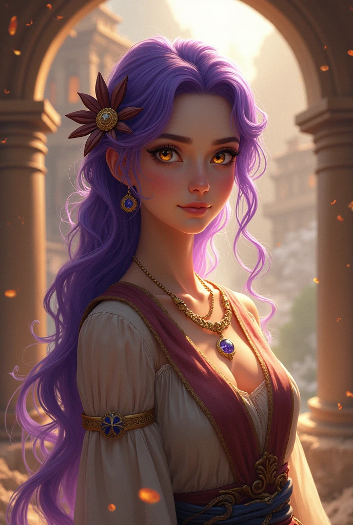 Female,in mind twenties, golden eyes, purple hair, healing power, in brown kingdom 
