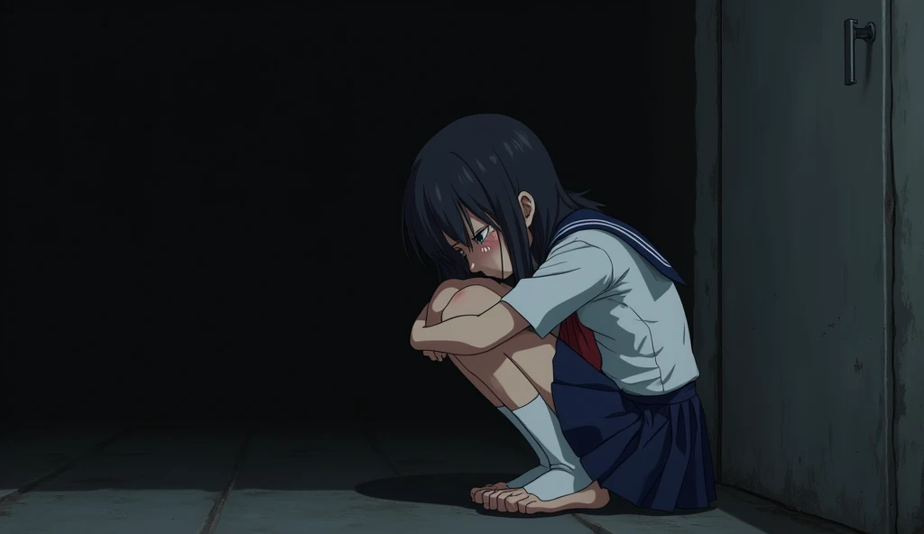 A melancholy Japanese anime schoolgirl sits, tears streaming down her face as she hugs herself, slumped against a black wall. Her traditional schoolgirl uniform is in disarray, hinting at a recent emotional upheaval. The stark contrast between her delicate features and the squalid surroundings adds depth to the poignant narrative woven into this evocative masterpiece.  