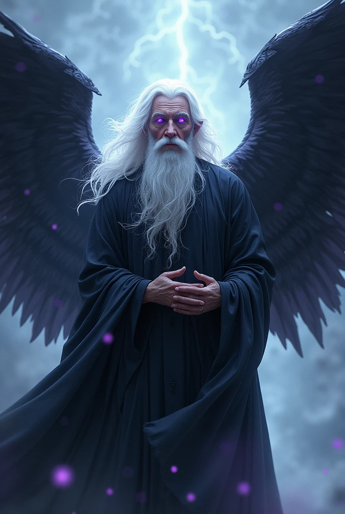 Man with white hair and purple eyes with black wings