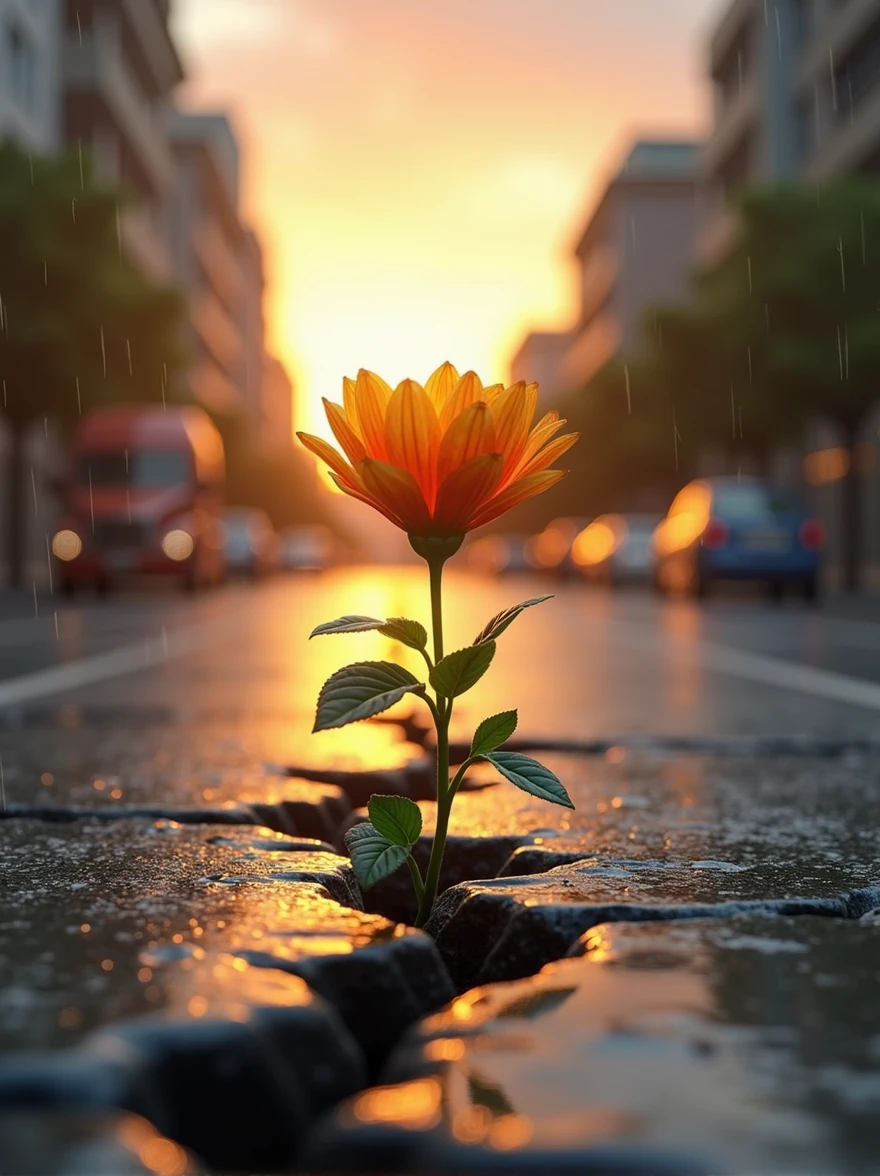 create a realistic video of a flower growing in the middle of the pavement, in the rain and with a sunset in the background