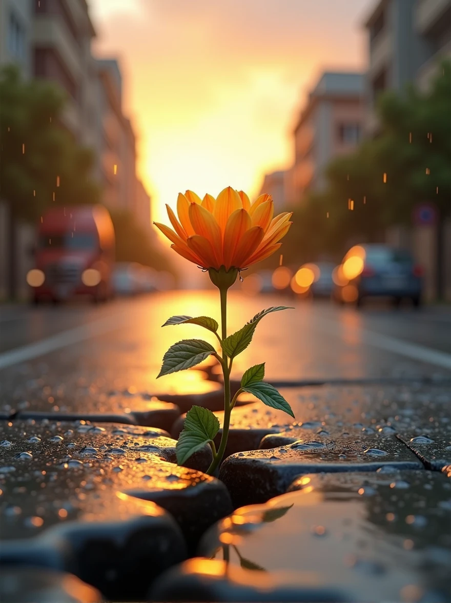 create a realistic video of a flower growing in the middle of the pavement, in the rain and with a sunset in the background
