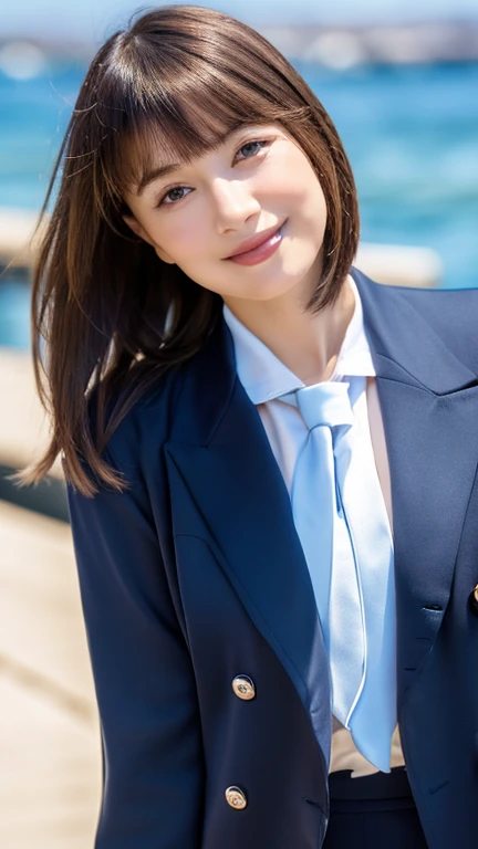 Highest quality, masterpiece, Realistic, RAW Photos, High resolution, Intricate details,Very detailed, Japanese Beauty, Attractive eyes, (Periorbital puffiness), Straight hair, Bright smile, Asymmetrical bangs, Light brown hair, Bob Hair,  (A dark navy double-breasted blazer:1.3), (White shirt with navy blue tie), (Navy blue tight skirt), Black pumps,  (firm and youthful breasts), G-cup breasts, Translucent white skin, (Breasts are exposed:1.3), Nipples are exposed, background, harbor, blue sea, 8k, full body