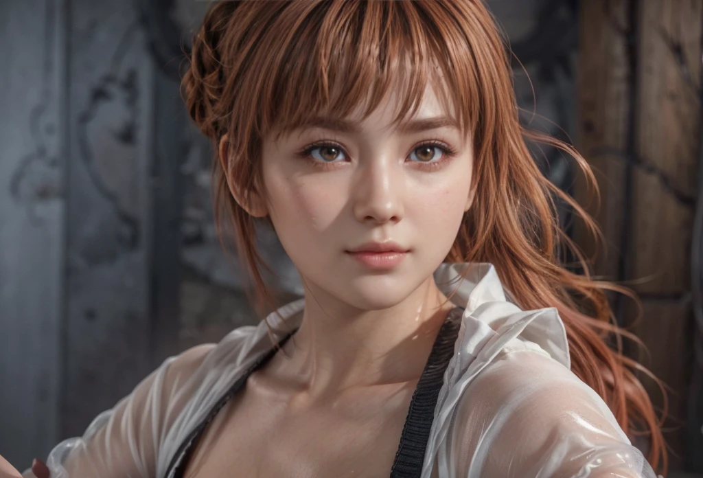 kasumi, eyes browns, (best qualityer, ultra detail), (realisitic:1.37), beautiful and detailed face, ultra-realisitic texture, Exquisite face, Delicate body, red lipgloss stick, shiny colors. High definition, 8k, expression a slight cute smile