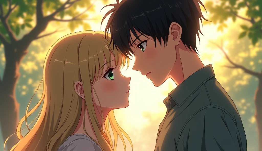 Masterpiece anime. A guy and a girl. The girl has long straight blonde hair and green eyes. The guy has short black hair and brown eyes.