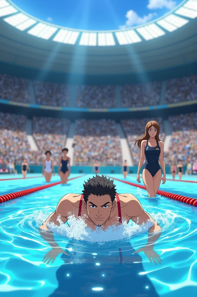 Spy x family at Olympics with Yor (spy x family) with Loid swimming in a [hiahly detailed) pool wirh swimsuits [cringe]
