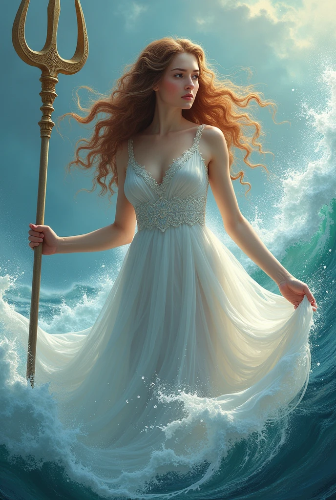 create a goddess with a trident, chestnut wavy hair, fair skin and a white dress 