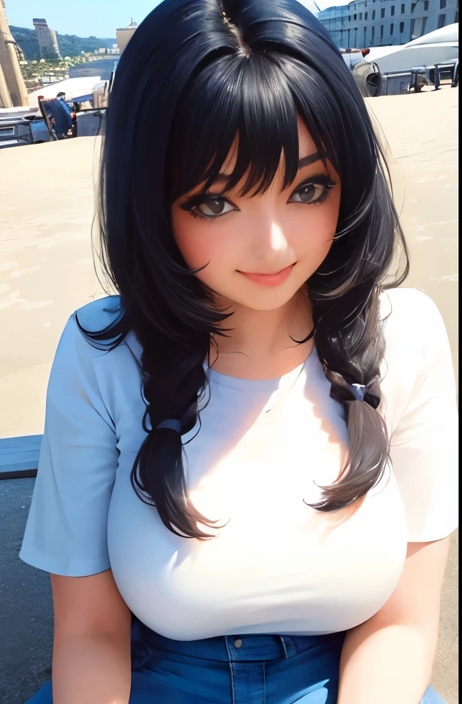 1 girl,(black hair semi-long)(beautiful hair), actress, smile, shiny skin, best quality, masterpiece, (photorealistic:1.4), terrace seating, Europe, France, Paris, denim mini skirt (realistic fabric), white short sleeves (cotton fabric), (no logo), thin fingers