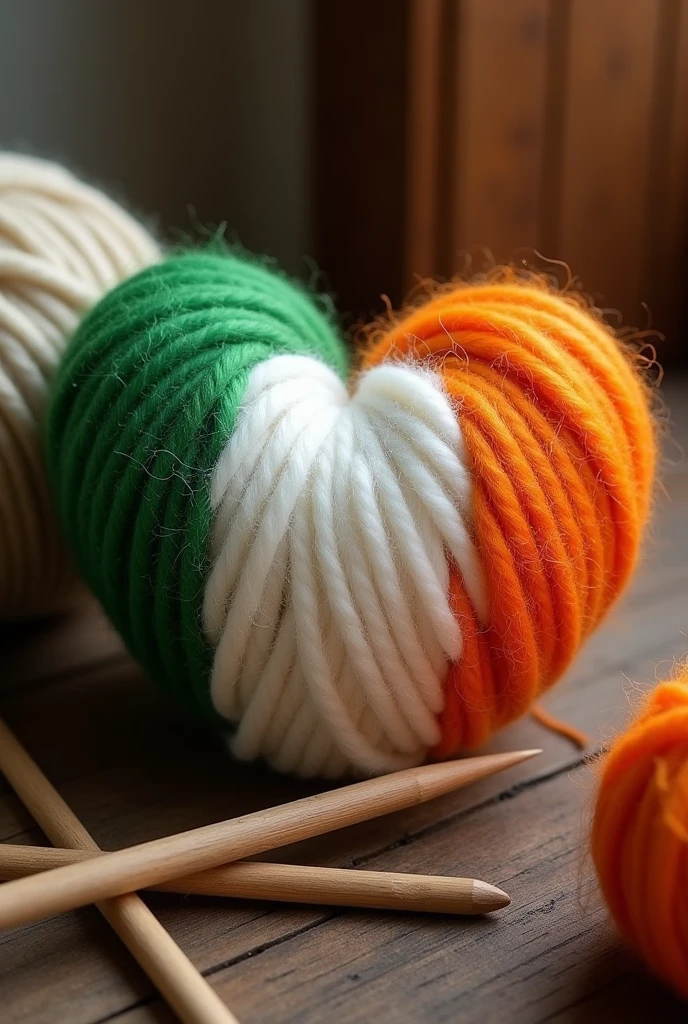 Three multicolored balls of wool in the shape of a heart: green, white, orenge, white on a wooden table close-up and knitting needles with copy space. Concept: flag of india