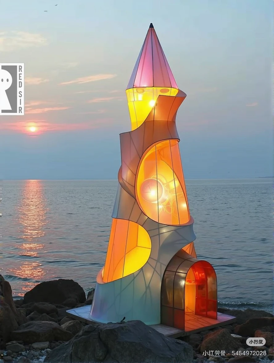 The lighthouse has a bit of a cartoon design, warm colors, and is semi-transparent.