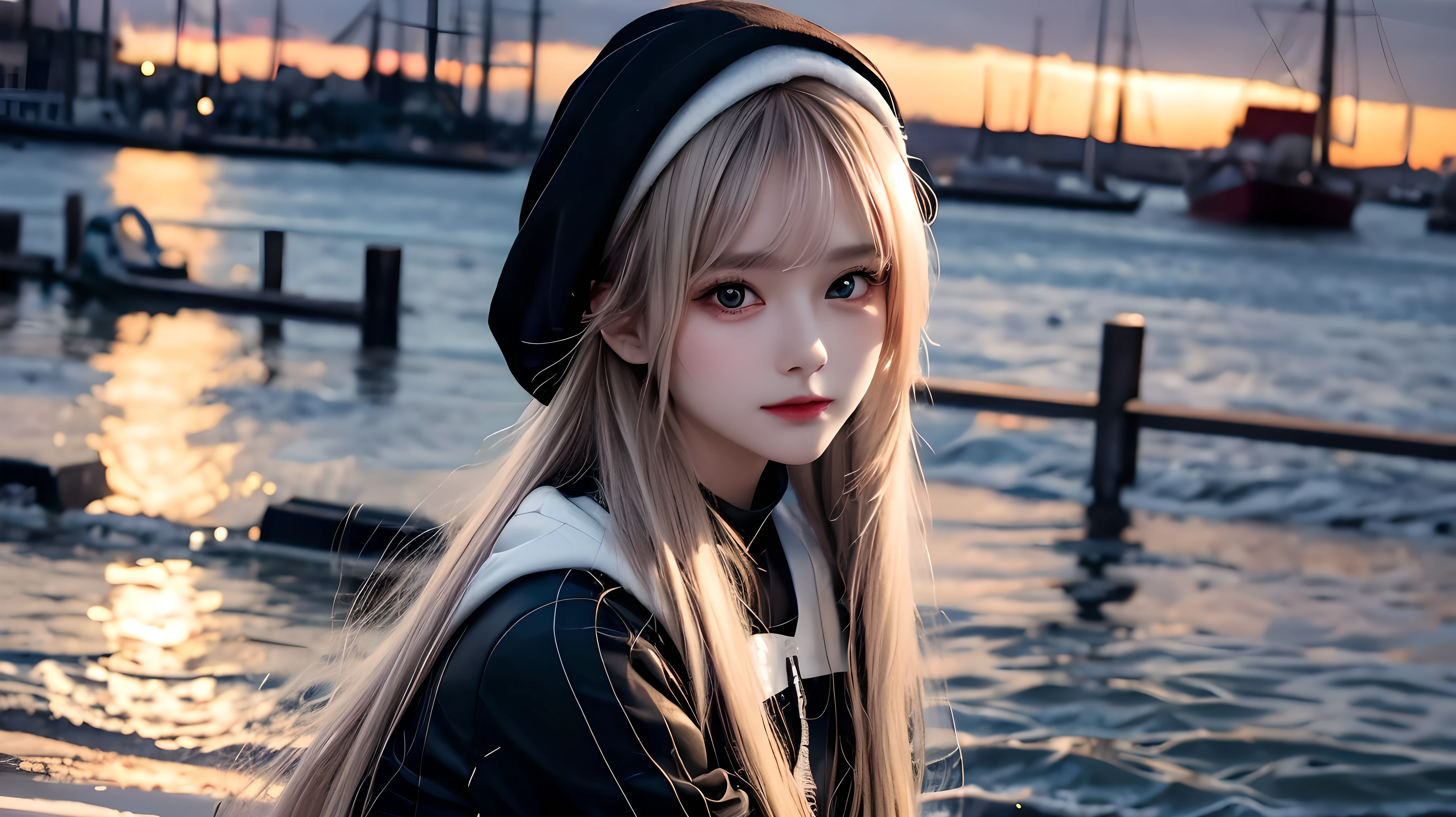 imedium shot, medium shot, depth of field, bust, upper body, cinematic angle, masterpiece, Best quality, super detailed, computer graphics, 8k wallpaper, Beautiful face, tender eyes, countries, One, white long hair, yellow eyes, hairpin, White shirt, black jacket with a hood, black baseball cap, black stockings, black boots above the knee, sunset, medieval port, harbour, Detailed water surface, Reflection of the Sun, masterpiece, detailing, full height, detailing, Maximum Drawing