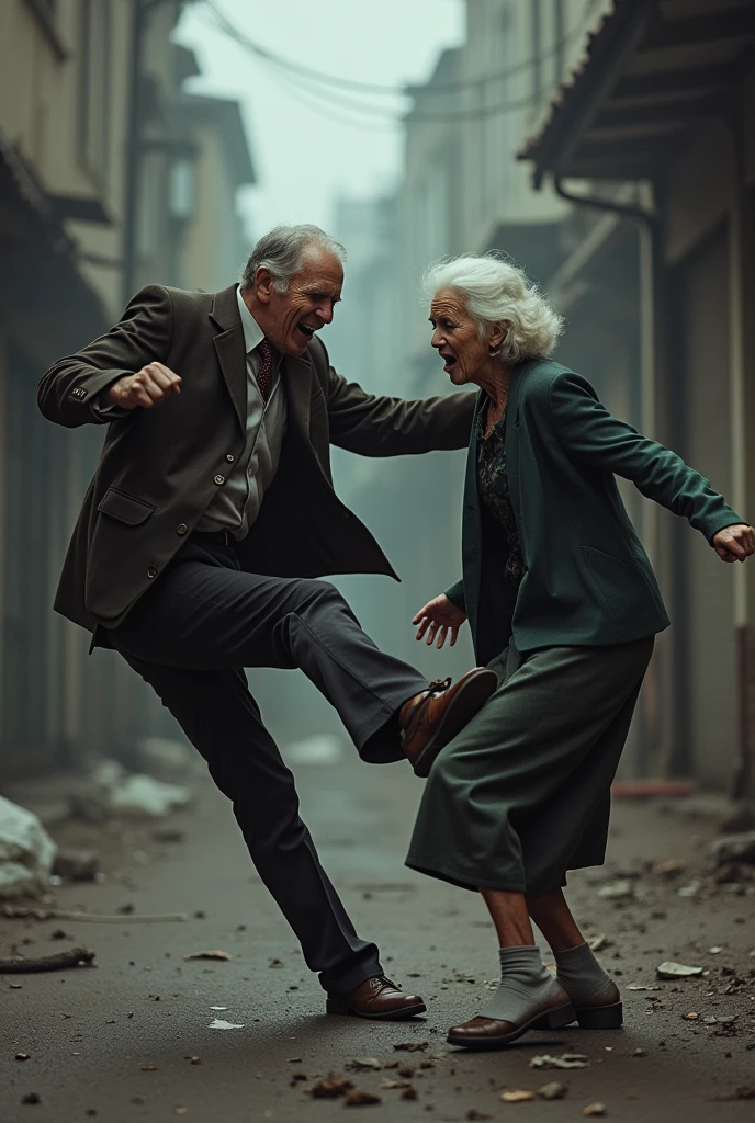 A man kicking an elderly woman 