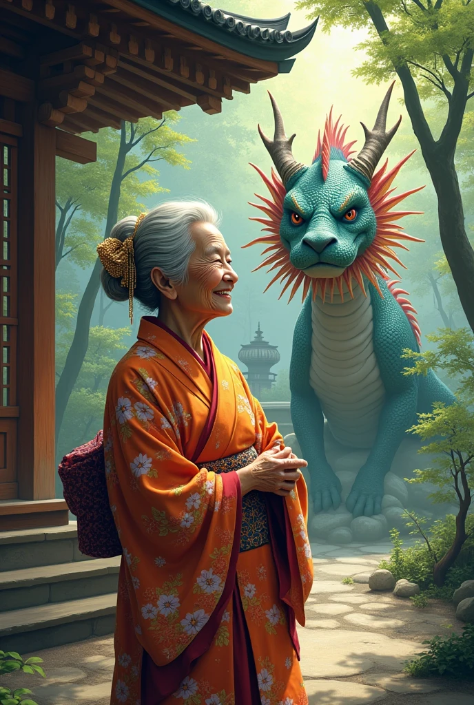 A cheerful grandmother in a kimono, guarding an Eastern dragon in a wooden Japanese Zen temple in the forest.