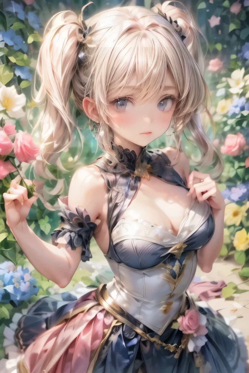 a pretty anime princess is shown in the picture with flowers in her hair, 1girl, flower, solo, pink flower, bare shoulders, cleavage, middle-breasts, twintails, looking at viewer, blue eyes, pink rose, strapless, long hair, collarbone, off shoulder, rose, hair ornament