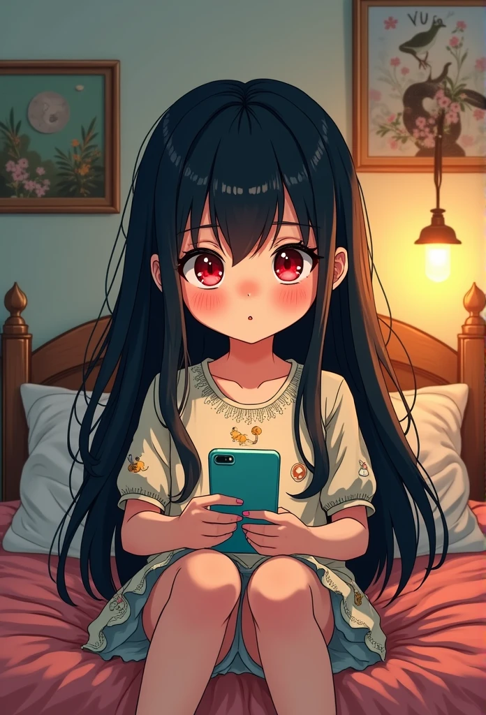 Girl with black hair and red pupils,Wearing cartoon informal dress , Sitting on bed playing with mobile phone