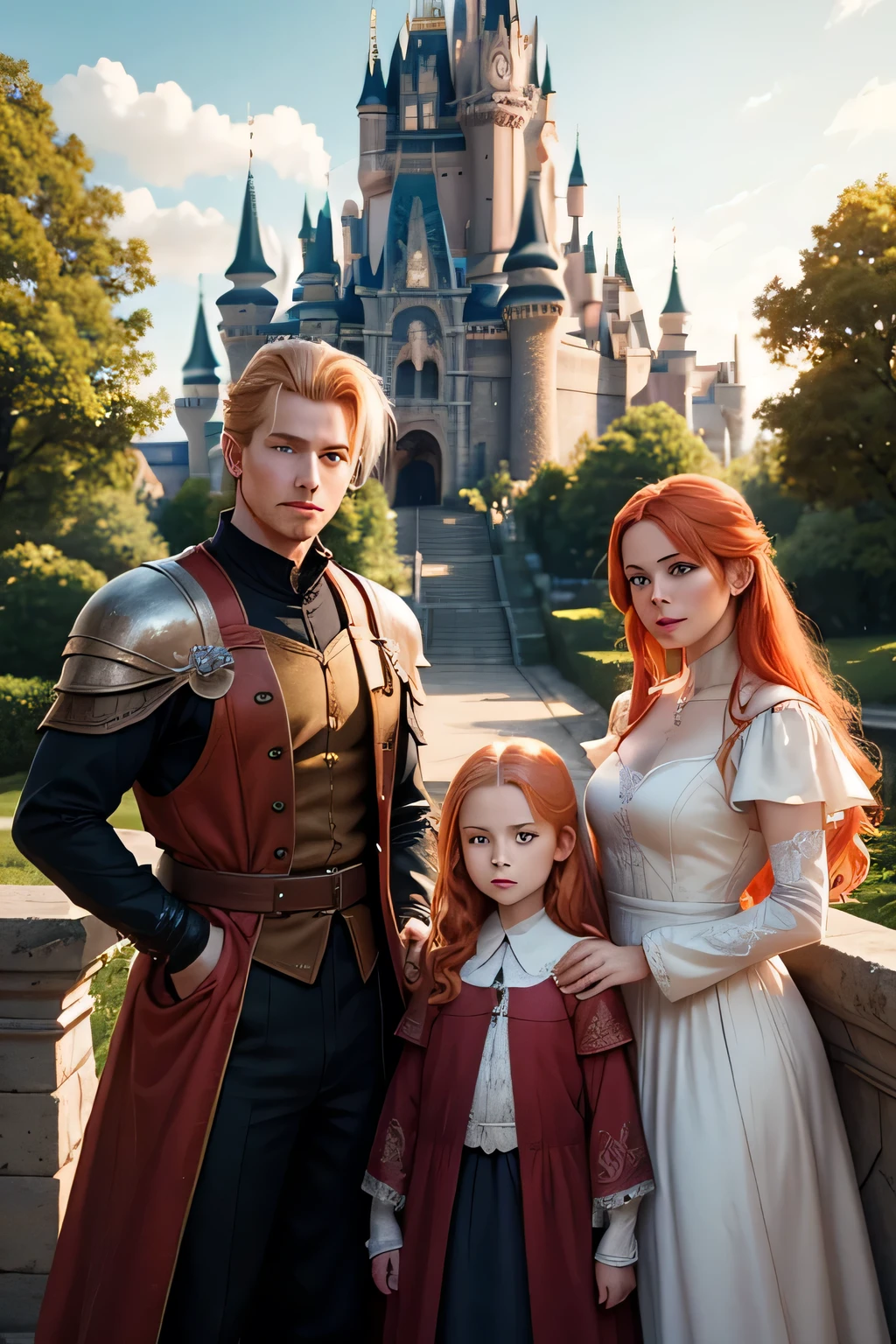 A young family of mages: a blond man and a red-haired girl and their 10 year old daughter. In the background is a magical castle.