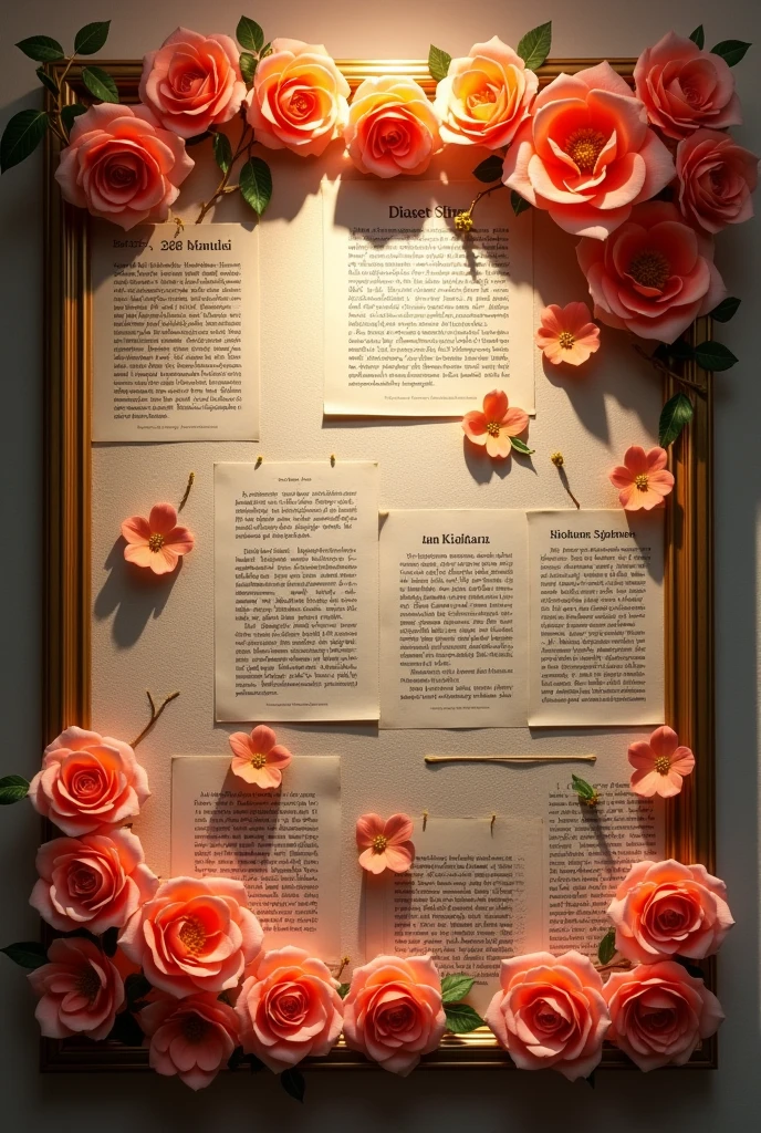 A soft board decorated with aesthetic roses , related to topic :hindi- a language to unite a nation, Hindi quotes and articles pasted


