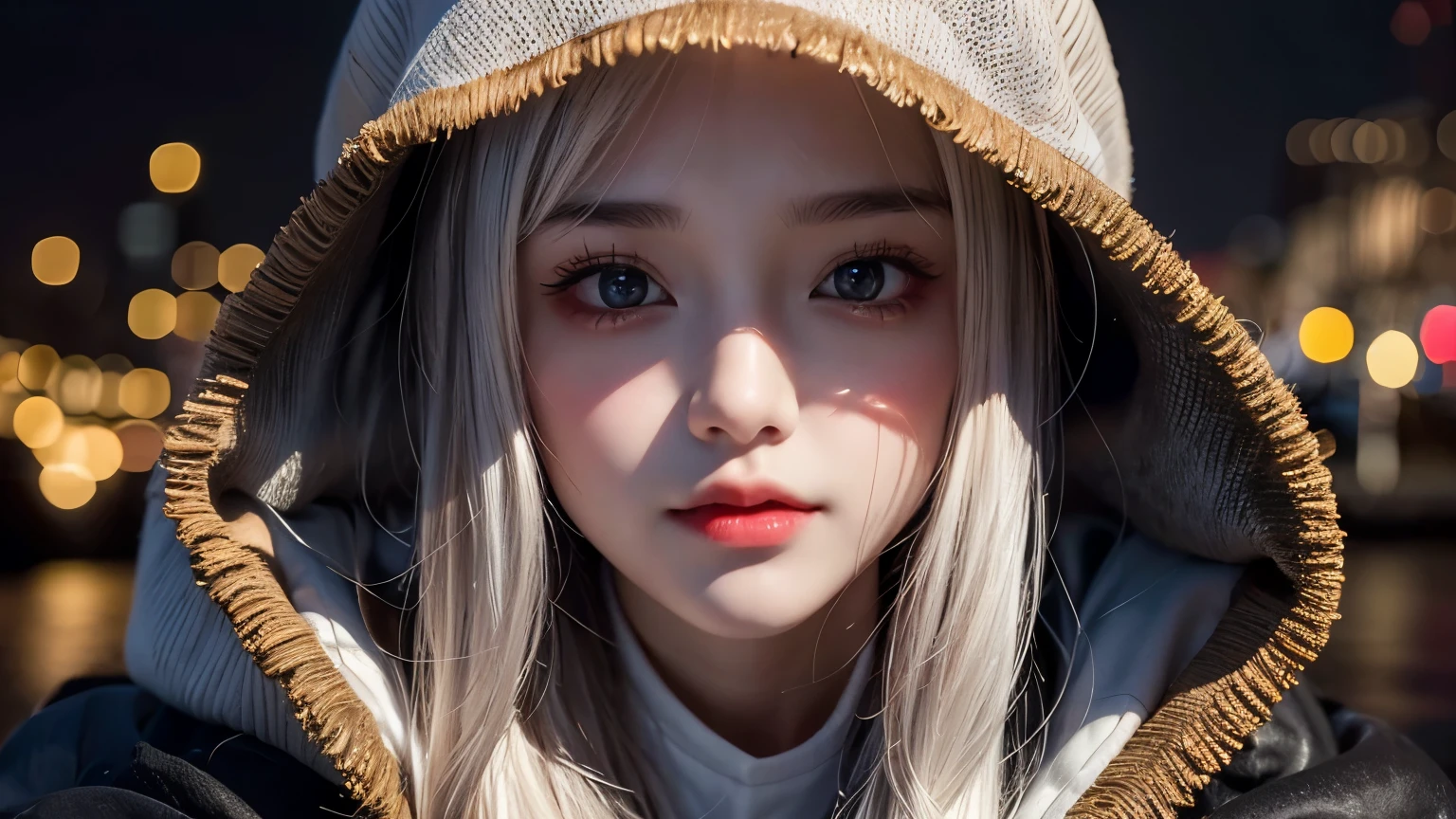 imedium shot, medium shot, depth of field, bust, upper body, cinematic angle, masterpiece, Best quality, super detailed, computer graphics, 8k wallpaper, Beautiful face, tender eyes, countries, One, white long hair, yellow eyes, hairpin, White shirt, black jacket with a hood, black baseball cap, black stockings, black boots above the knee, sunset, medieval port, harbour, Detailed water surface, Reflection of the Sun, masterpiece, detailing, full height, detailing, Maximum Drawing