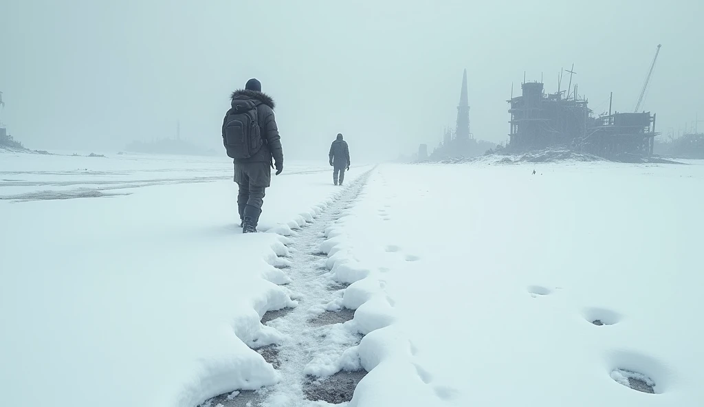A person leaving footprints in snow, another following at a distance in a post-apocalyptic world