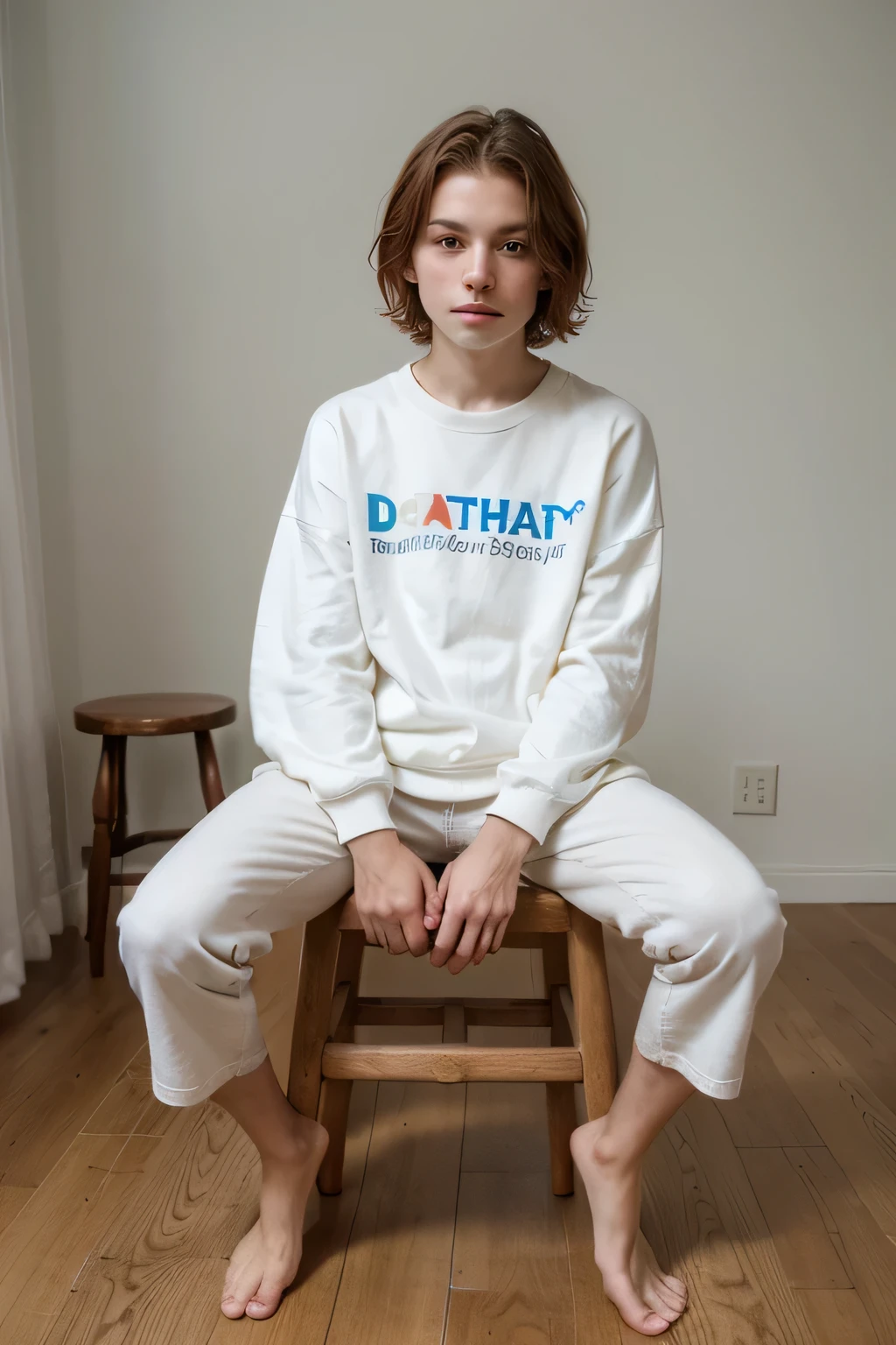 A young boy with pale skin and red hair, sitting barefoot on a yellow wooden stool. The boy is wearing a white, slightly oversized sweatshirt with wrist-length sleeves and a pair of matching blue jeans. His posture is casual, with one leg resting on the stool and the other lightly touching the ground.