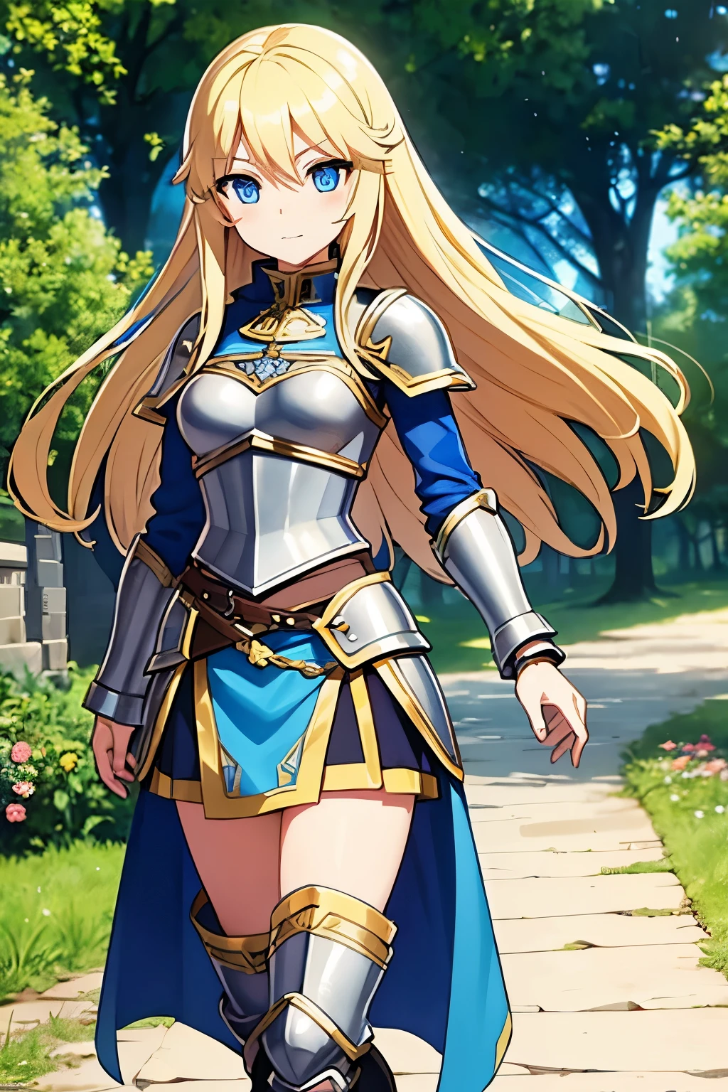 A beautiful medieval adventuress, long blonde hair, small breasts, blue eyes, revealing armor skirt She run into a new adventure She walks a path full of joy fantasy world