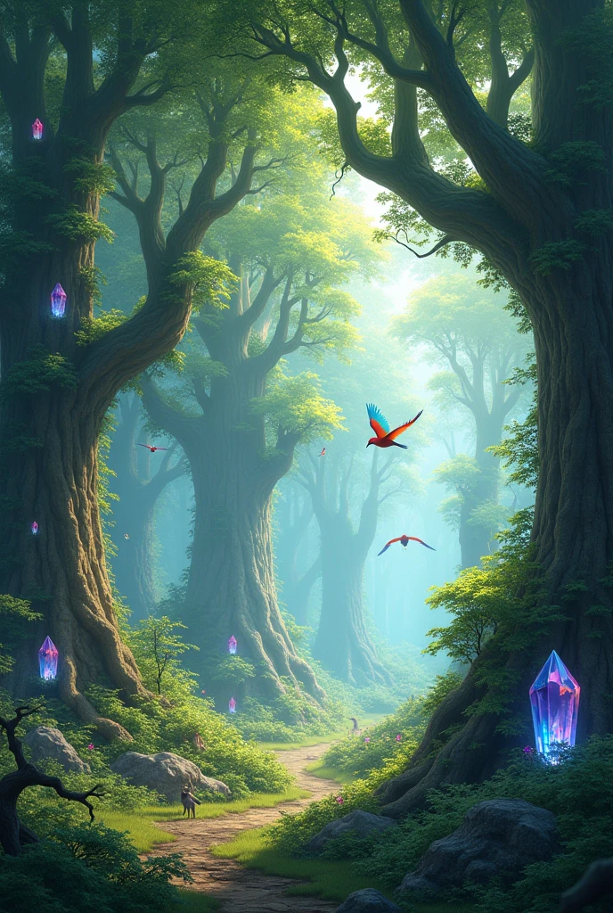 A forest with many big trees, with its fruits crystalline like diamonds, with birds in the sky and animals on the ground.
