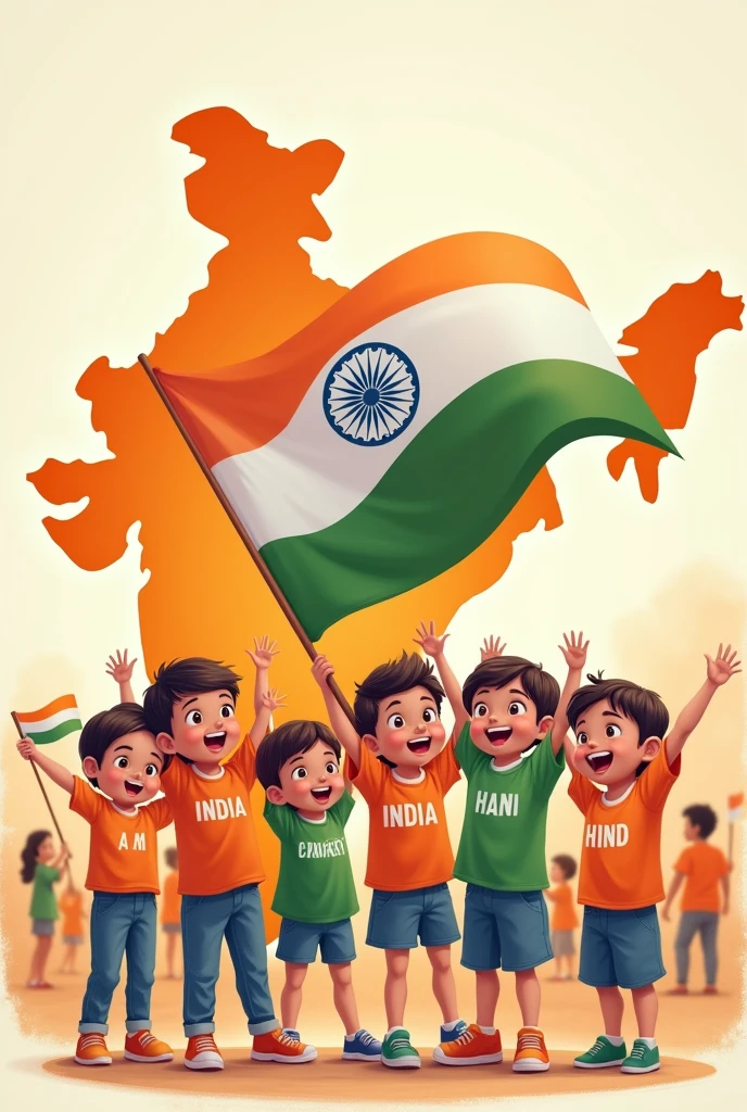 4-5 little cute kids . They hold indian flag on hand.  they wear indian Jersey and name INDIA on it.
Indian map in lighter form in orange color in the background. In the background 6-7 people are also standing holding the Indian flag. 3-4 little kids also with flag on hand and wear indian Jersey and name JAY HIND on it. All the characters are Indians.