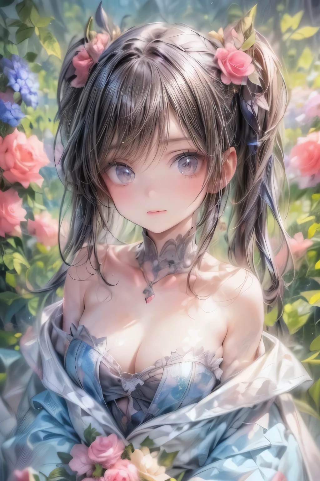 a pretty anime princess is shown in the picture with flowers in her hair, 1girl, flower, solo, pink flower, bare shoulders, cleavage, middle-breasts, twintails, looking at viewer, blue eyes, pink rose, strapless, long hair, collarbone, off shoulder, rose, hair ornament