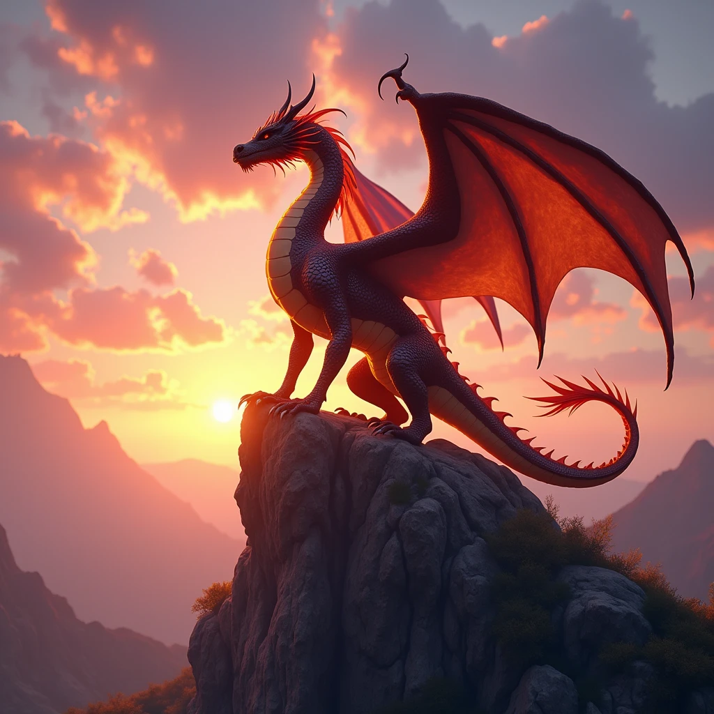 Sunset in the background，Detail of a dragon on a rock