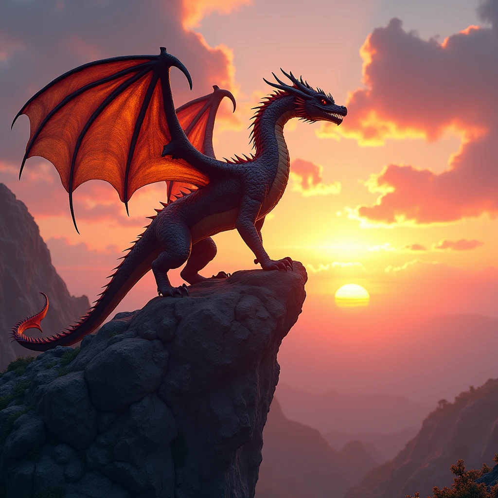 Sunset in the background,Detail of a dragon on a rock