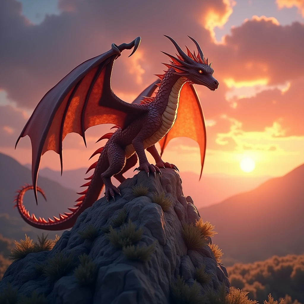 Sunset in the background，Detail of a dragon on a rock