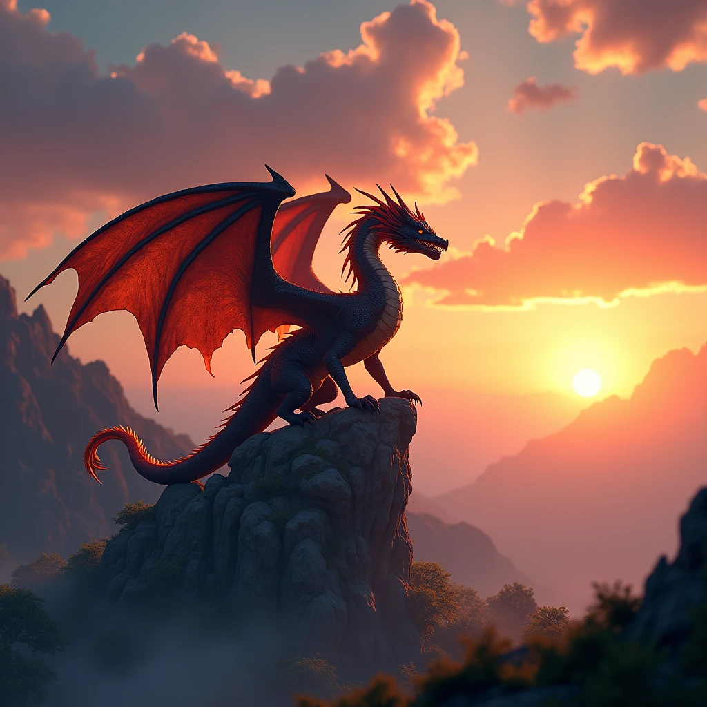 Sunset in the background,Detail of a dragon on a rock