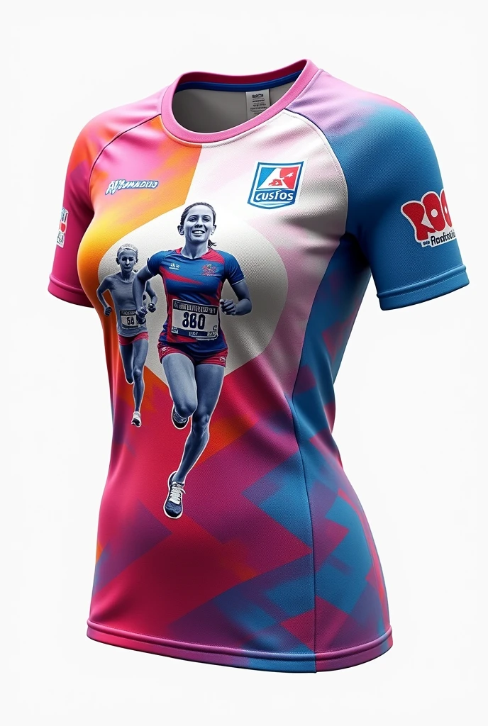 Create a design for a t-shirt that will be used in the women's race where the sponsors are Profamilia and Caiclos. The background should be white, Profamilia's colors are green and purple, and Caiclos' color is purple.,  front and back so that the shirt is not on any model of the shirt that can be seen on both sides the background must be white 


 