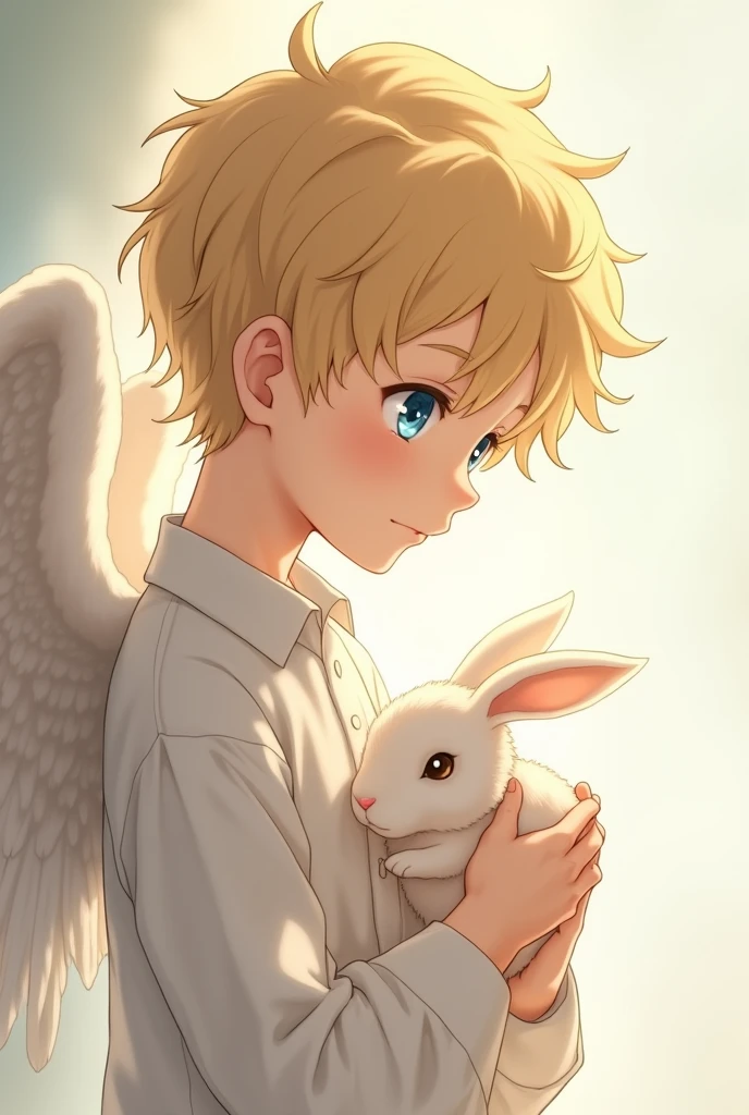 A  anime boy angel with golden hair and blue eyes side profile holding Rabbit in his hands