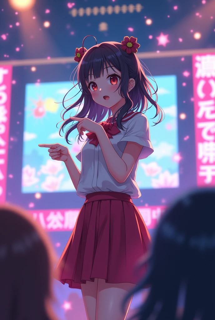 Nico Nico video style,
Japanese characters,
Lots of subtitles in the background,
During the live broadcast,
1 girl,