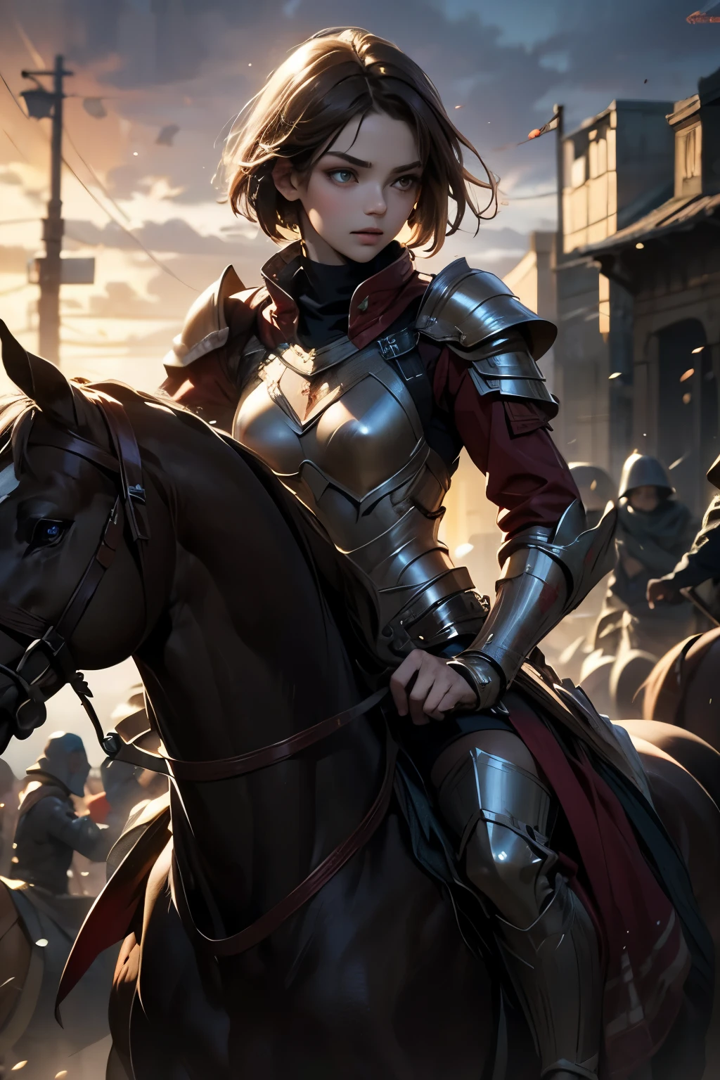 Ultra-realistic, 4k, beautiful woman, brown hair, short hair, wine-red armor, on horseback, big spear, clear eyes, cute face, realistic, realistic, ultra-clear, war, epic battlefield
