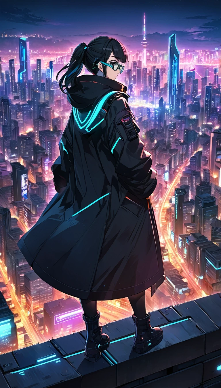 anime character standing on a ledge overlooking a city at night, badass anime 8 k, best anime 4k konachan wallpaper, in front of a sci fi cityscape, digital cyberpunk anime art, in cyberpunk city, ufotable art style, modern cyberpunk anime, anime cyberpunk art, city in the background, anime style cityscape, digital cyberpunk - anime art, figure with facemas and glasses long coat