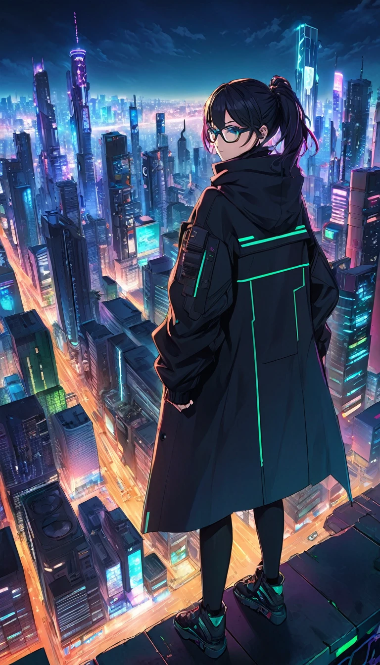 anime character standing on a ledge overlooking a city at night, badass anime 8 k, best anime 4k konachan wallpaper, in front of a sci fi cityscape, digital cyberpunk anime art, in cyberpunk city, ufotable art style, modern cyberpunk anime, anime cyberpunk art, city in the background, anime style cityscape, digital cyberpunk - anime art, figure with facemas and glasses long coat