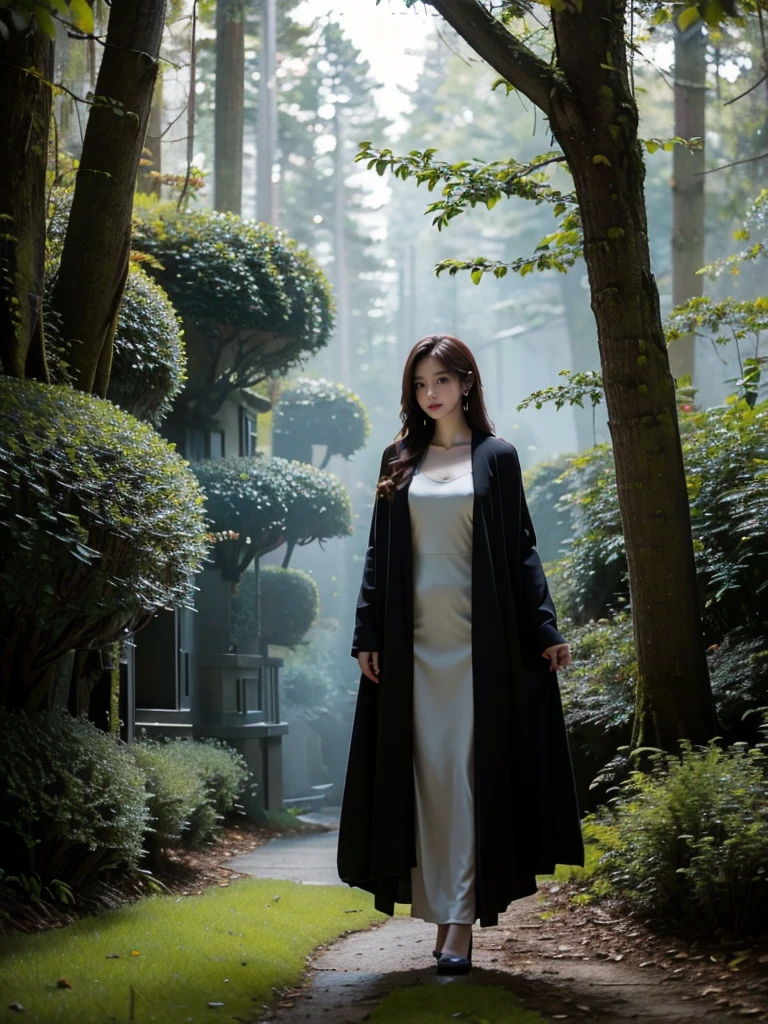 A serene night scene in a dense forest, with a beautiful witch standing in the middle. The witch wears a simple, elegant dark robe with long sleeves, blending harmoniously with the natural surroundings. Her expression is calm and thoughtful, exuding quiet power and wisdom. The forest is illuminated by soft, ethereal moonlight filtering through tall, slender trees, casting gentle shadows on the moss-covered ground. The atmosphere is peaceful and subdued, with a focus on the quiet beauty of the night. The scene should feel mystical and tranquil, with the witch seamlessly integrated into the starlit environment." Additional Parameters: Style: Realistic, moody lighting Lighting: Soft moonlight, subtle shadows Colors: Dark tones, natural shades Composition: The witch should be centered, with tall trees in the background and soft light highlighting her figure Environment: Dense forest at night, mossy ground, serene atmosphere