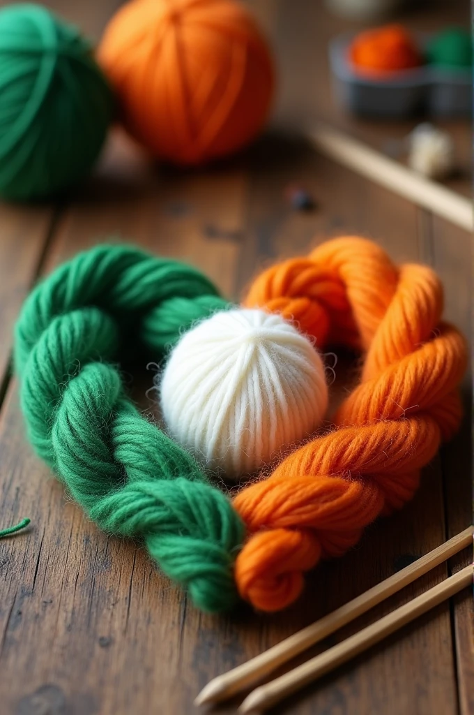 Three multicolored balls of wool in the shape of a heart: green, white , orenge. White on a wooden table close-up and knitting needles with copy space. Concept: flag of india