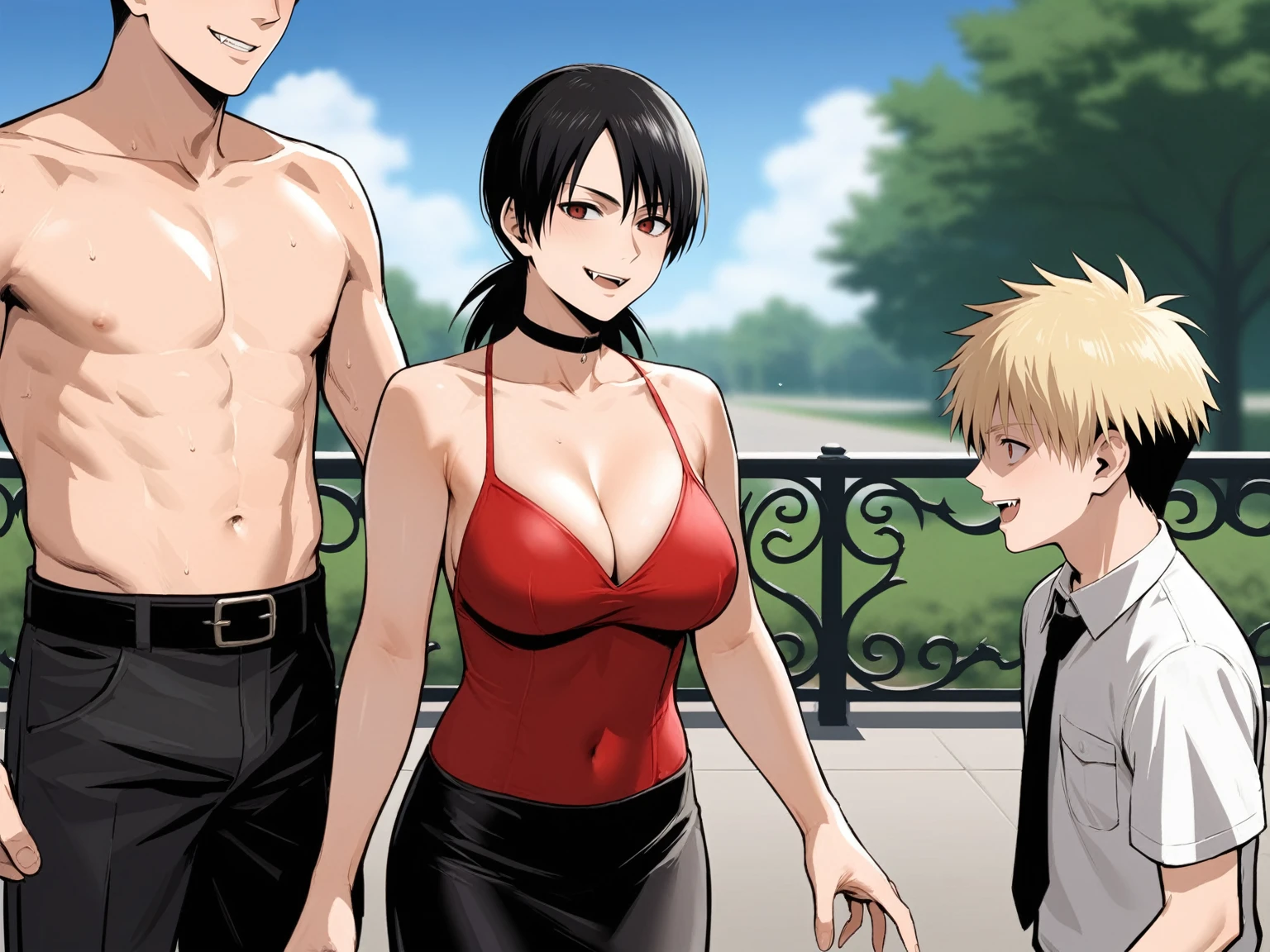 score_9, score_8_up, source_anime, standing, hellsing, seras, blonde hair, nude, park, outdoors, sky, vampire, smirk, fangs, ikuchan, balcony, muscular male, large breasts, husband and wife, family, looking at viewer, smiling, light skinned male, standing side by side, standing, 1girl, smug, happy family ((size difference)), tall male, ((worship)), ((light skinned male))), gown, dress, navel, short dress, red dress, , ((size difference)), shota, ((family)), wholesome, sfw, raing:safe, ((large male)), black haired male, solo focus, choker, solo focus, 2boys, 1girl, trio, mature male, dilf