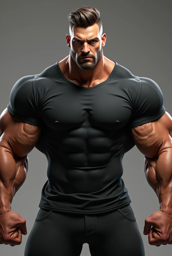 A character with four arms on him a body with four muscular bars muscular legs well-defined abs is athletic is wearing a black t-shirt has a beautiful face 
