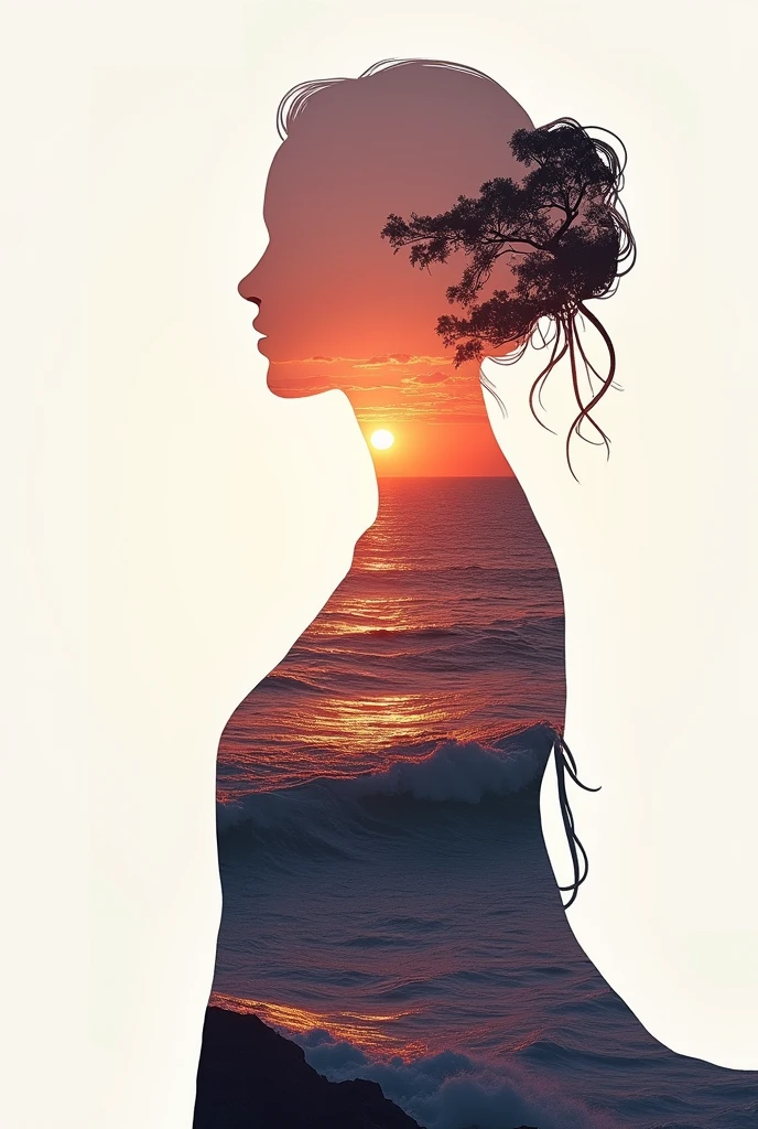 high quality, 8K Ultra HD, A beautiful double exposure that combines an goddess silhouette with sunset coast, sunset coast should serve as the underlying backdrop, with its details incorporated into the goddess , crisp lines, The background is monochrome, sharp focus, double exposure, by yukisakura, awesome full color,