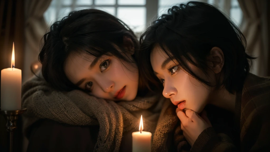 best quality， masterpiece， ultra high resolution， （In reality：1.5）， RAW photographer lovely， In the darkness of the night， deep shading， low tune， cold light， sad look， short hair,1 candle