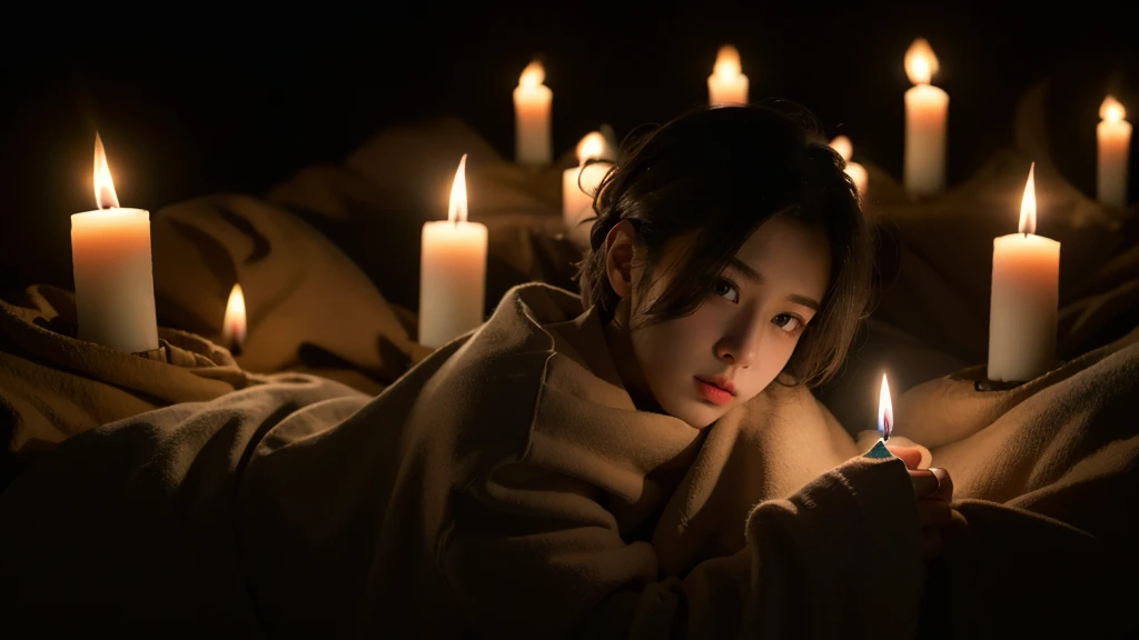 best quality， masterpiece， ultra high resolution， （In reality：1.5）， RAW photographer lovely， In the darkness of the night， deep shading， low tune， cold light， sad look， short hair,1 candle